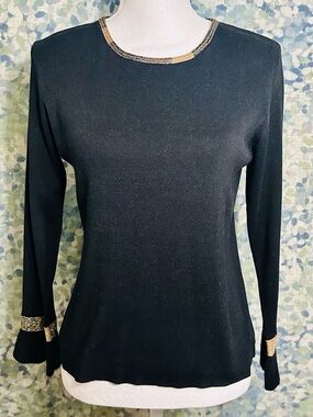 Joseph A. Black Silk Blend Knit Sweater Gold Metallic Trim Bell Cuff Top Large